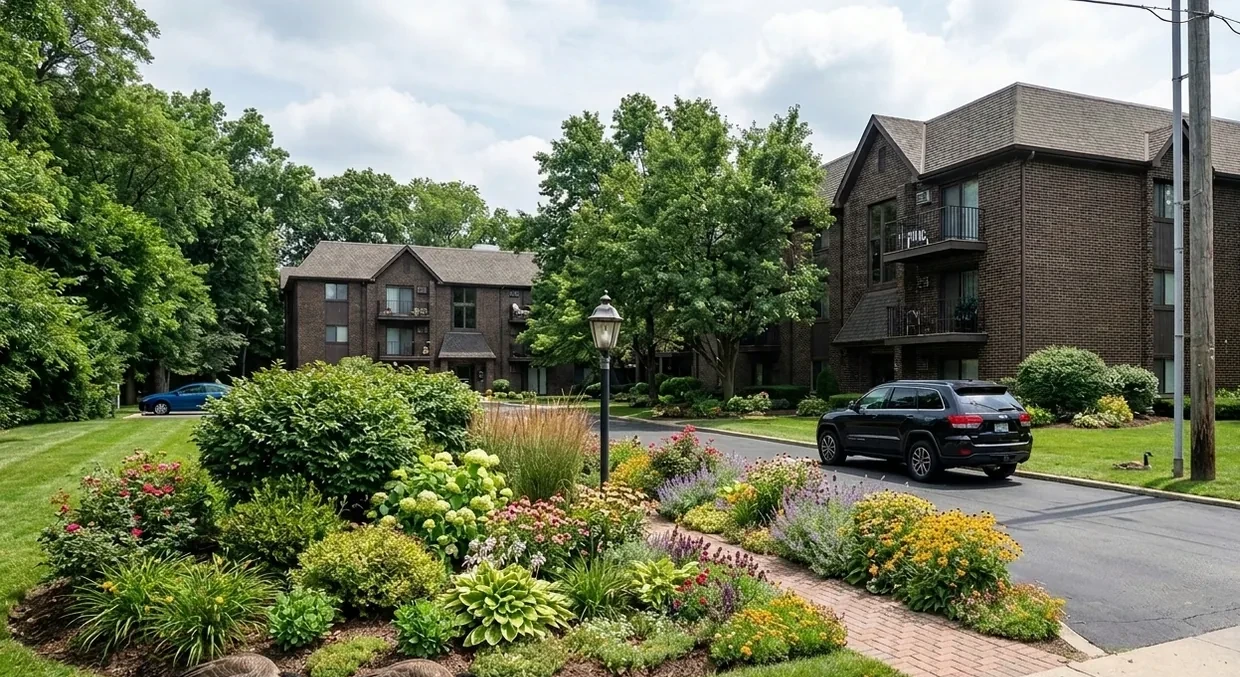 Illustrative business exterior lawn and shared outdoor area