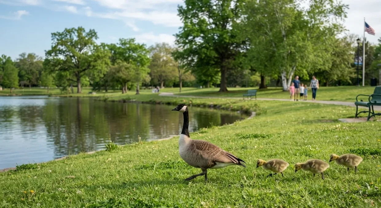 Illustrative geese near a pond edge and shared grass area